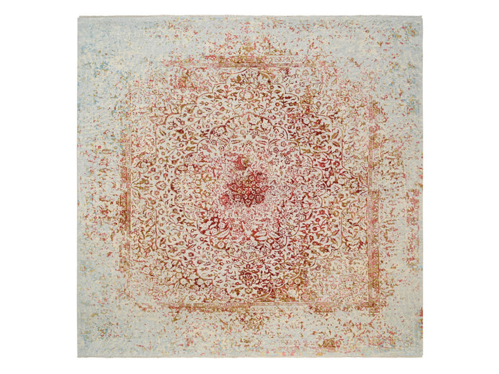 10'1" x 10'0" New Hand Knotted Pink Wool & Silk Square Oriental Rug - MOA10263253