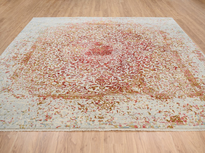 10'1" x 10'0" New Hand Knotted Pink Wool & Silk Square Oriental Rug - MOA10263253