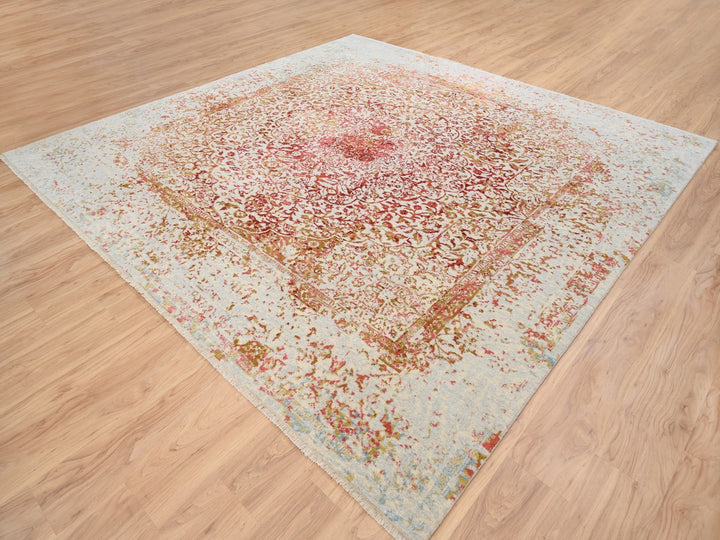 10'1" x 10'0" New Hand Knotted Pink Wool & Silk Square Oriental Rug - MOA10263253