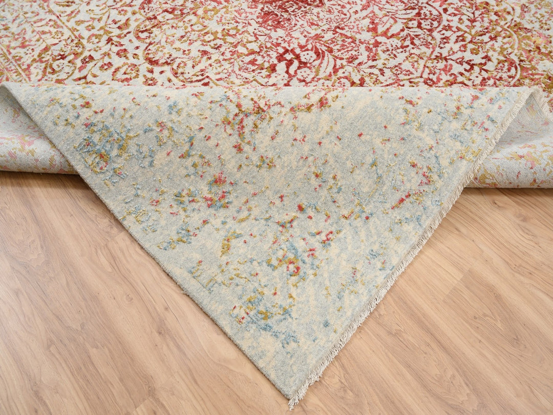 10'1" x 10'0" New Hand Knotted Pink Wool & Silk Square Oriental Rug - MOA10263253