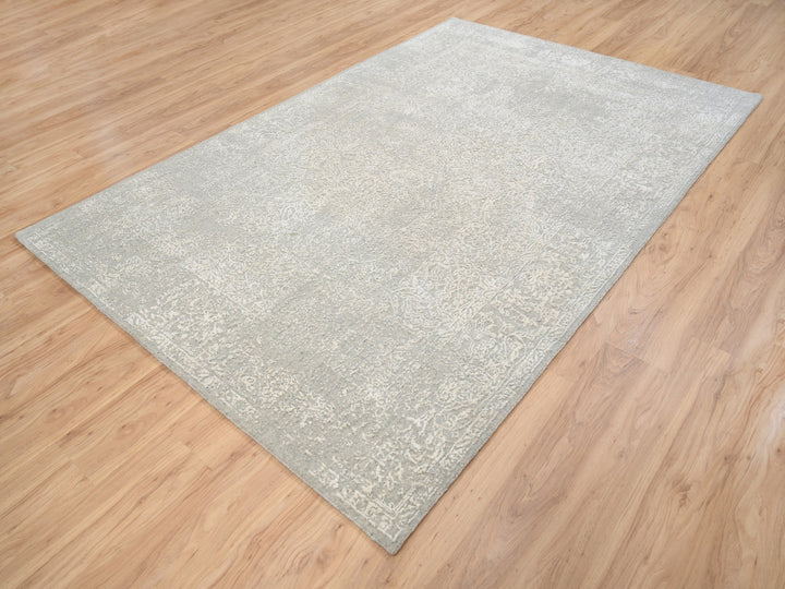 6'0" x 9'2" New Hand Loomed Beige Wool & Art Silk Rectangle Oriental Rug - MOA10263264