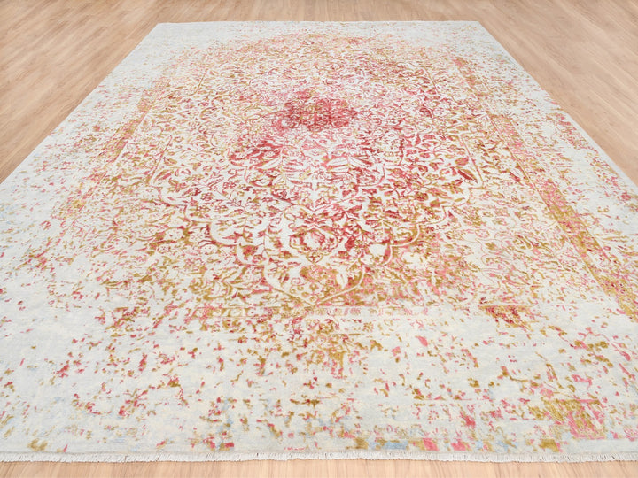 12'1" x 15'0" New Hand Knotted Ivory Wool & Silk Rectangle Oriental Rug - MOA10263304
