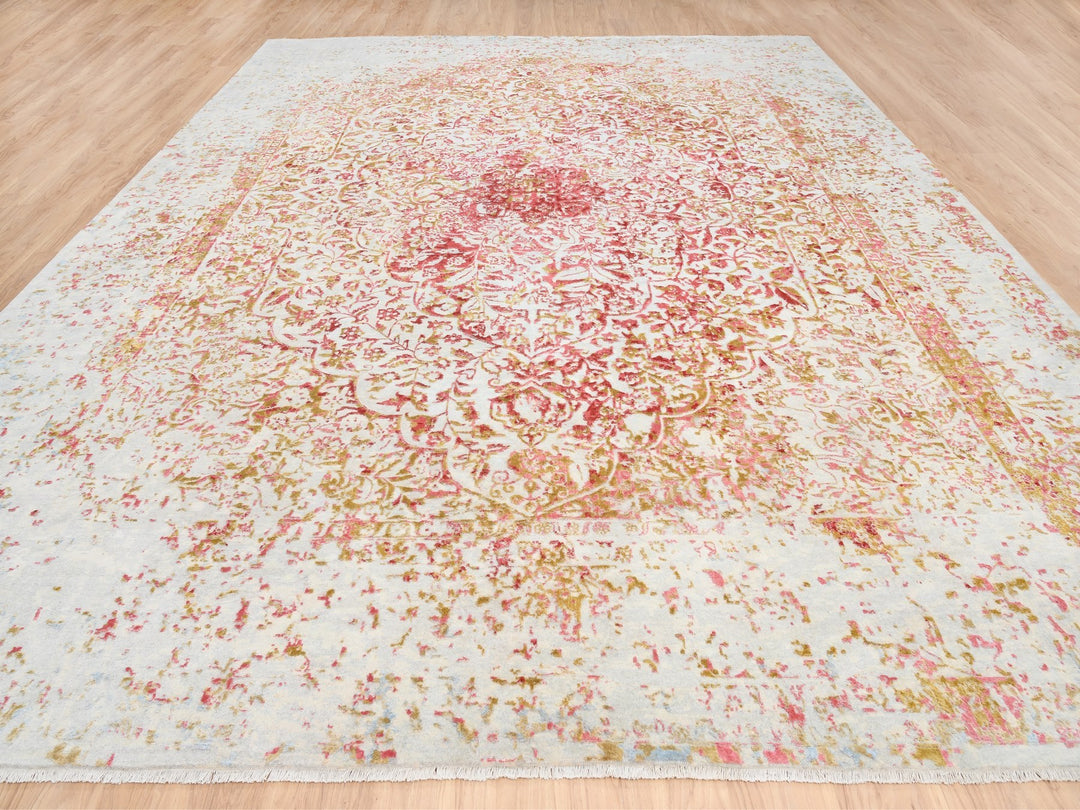 12'1" x 15'0" New Hand Knotted Pink Wool & Silk Rectangle Oriental Rug - MOA10263304