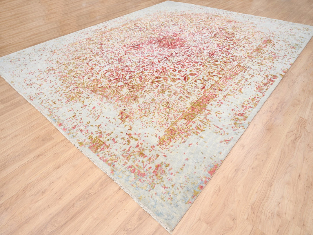 12'1" x 15'0" New Hand Knotted Pink Wool & Silk Rectangle Oriental Rug - MOA10263304