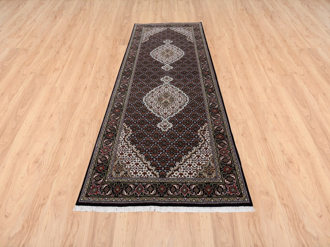 3'10" x 10'4" New Hand Knotted Black Wool Runner Oriental Rug - MOA10263320