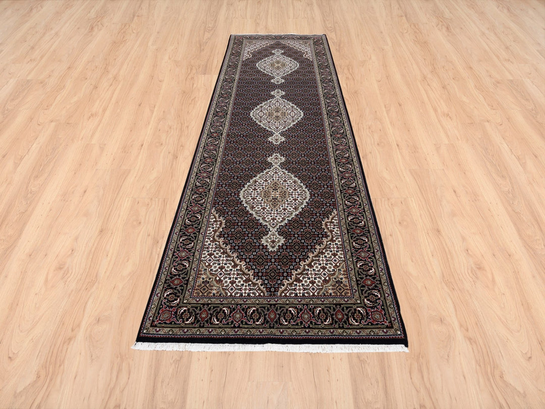 3'9" x 12'0" New Hand Knotted Black Wool Runner Oriental Rug - MOA10263335