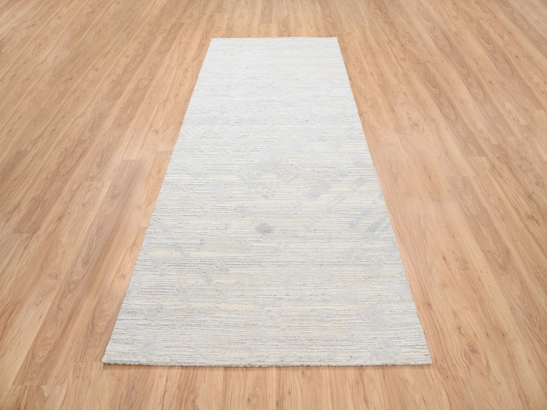 4'1" x 10'1" New Hand Knotted Grey Wool Runner Oriental Rug - MOA10263377