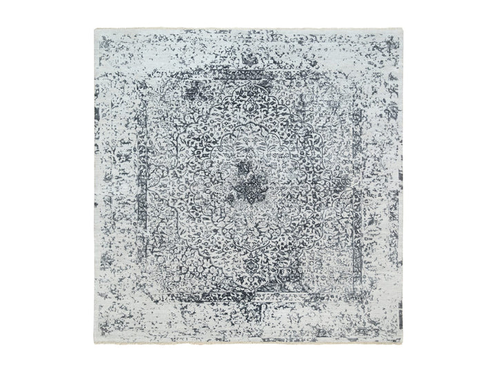 8'0" x 8'0" New Hand Knotted Grey Wool & Silk Square Oriental Rug - MOA10263455