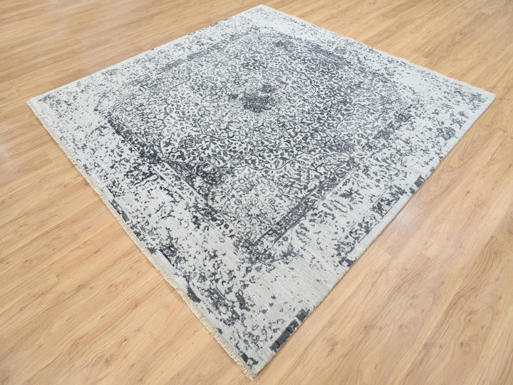 8'0" x 8'0" New Hand Knotted Grey Wool & Silk Square Oriental Rug - MOA10263455