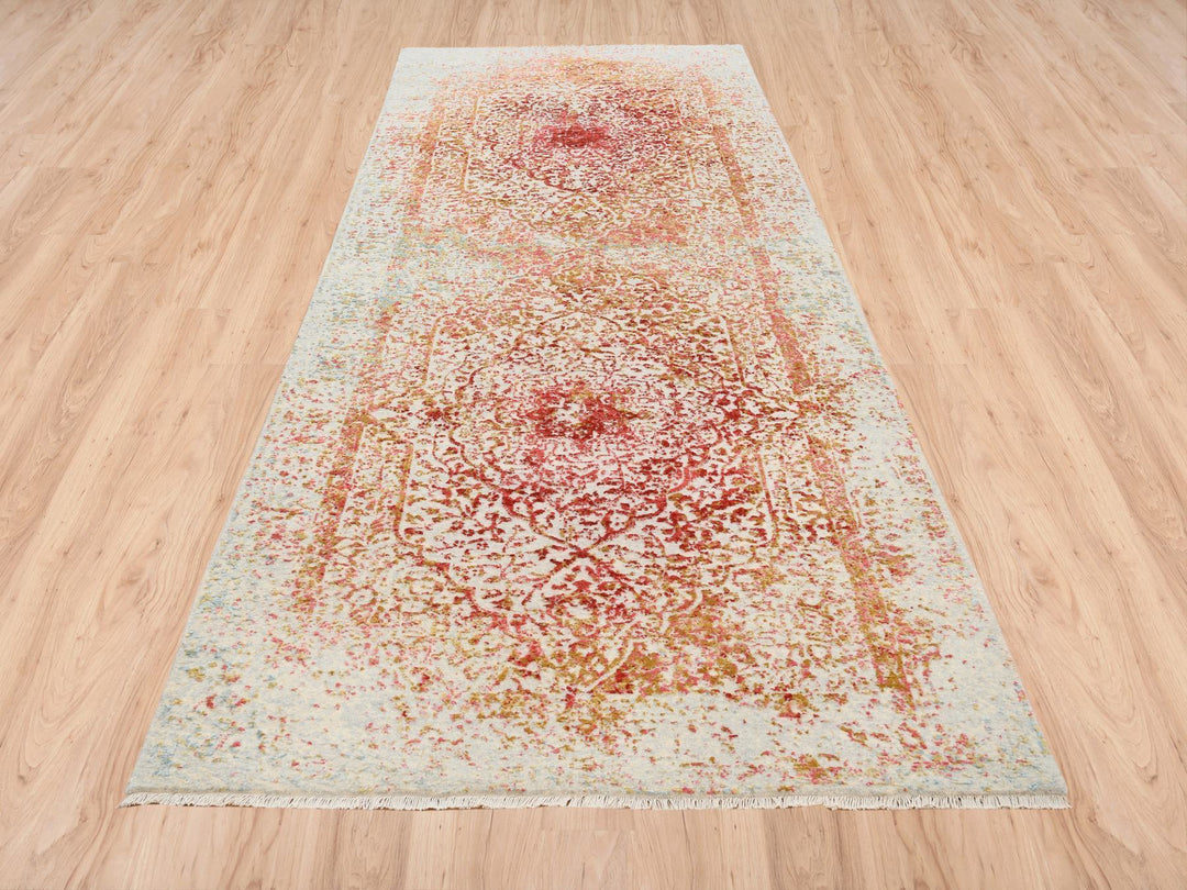 4'0" x 11'9" New Hand Knotted Pink Wool & Silk Runner Oriental Rug - MOA10263466