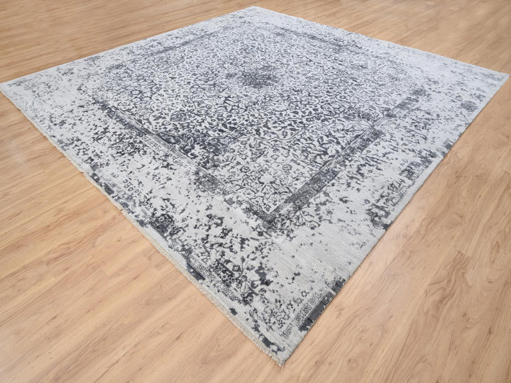 12'0" x 12'0" New Hand Knotted Grey Wool & Silk Square Oriental Rug - MOA10263467