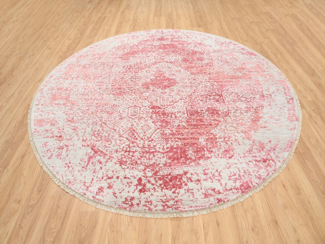 8'9" x 8'9" New Hand Knotted Pink Wool & Silk Round Oriental Rug - MOA10263469