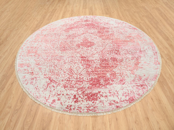 8'9" x 8'9" New Hand Knotted Pink Wool & Silk Round Oriental Rug - MOA10263469