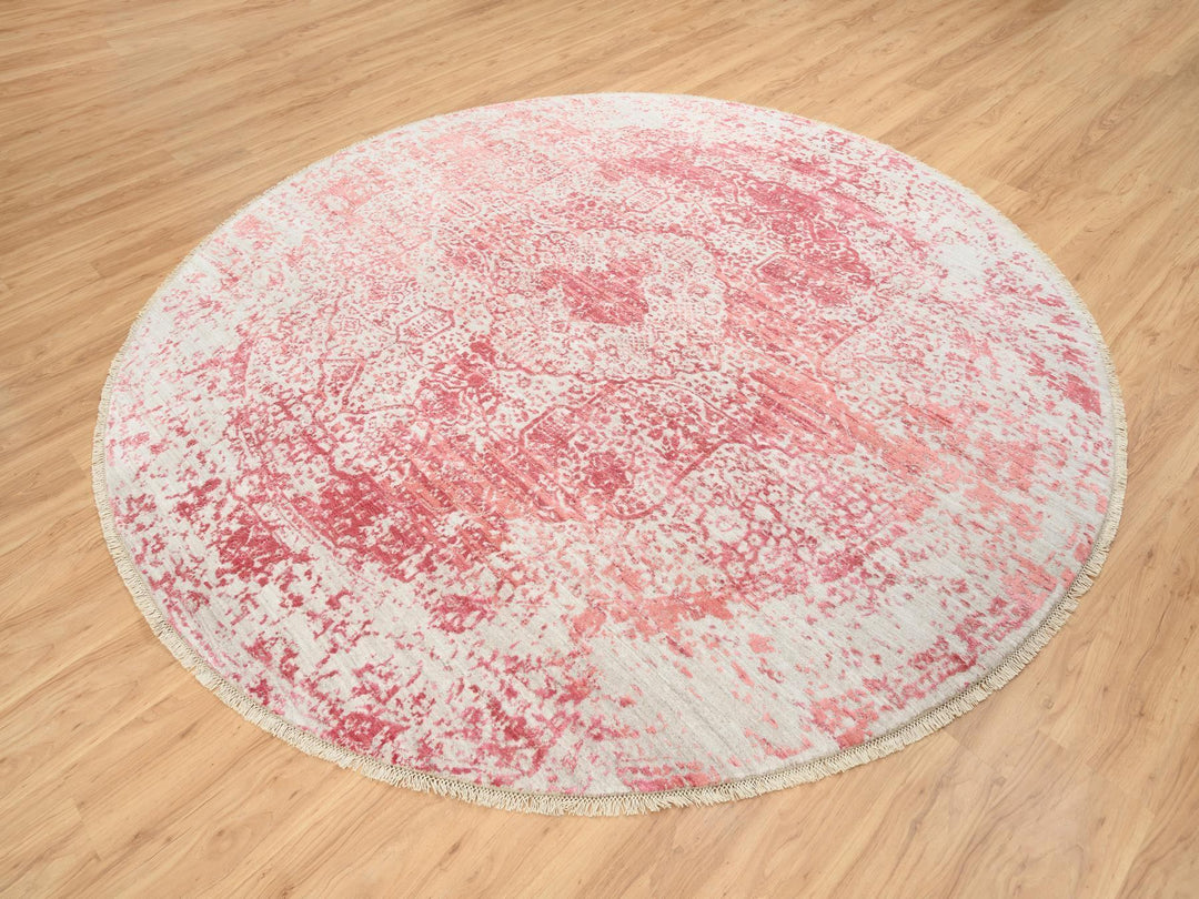 8'9" x 8'9" New Hand Knotted Pink Wool & Silk Round Oriental Rug - MOA10263469