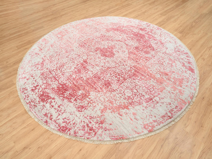8'9" x 8'9" New Hand Knotted Pink Wool & Silk Round Oriental Rug - MOA10263469
