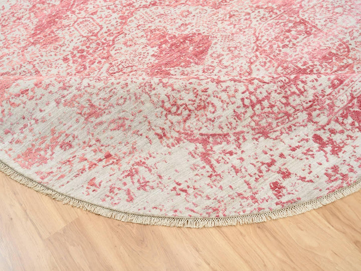 8'9" x 8'9" New Hand Knotted Pink Wool & Silk Round Oriental Rug - MOA10263469