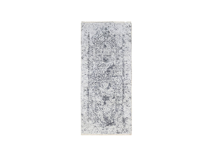 2'6" x 5'10" New Hand Knotted Grey Wool & Silk Runner Oriental Rug - MOA10263475