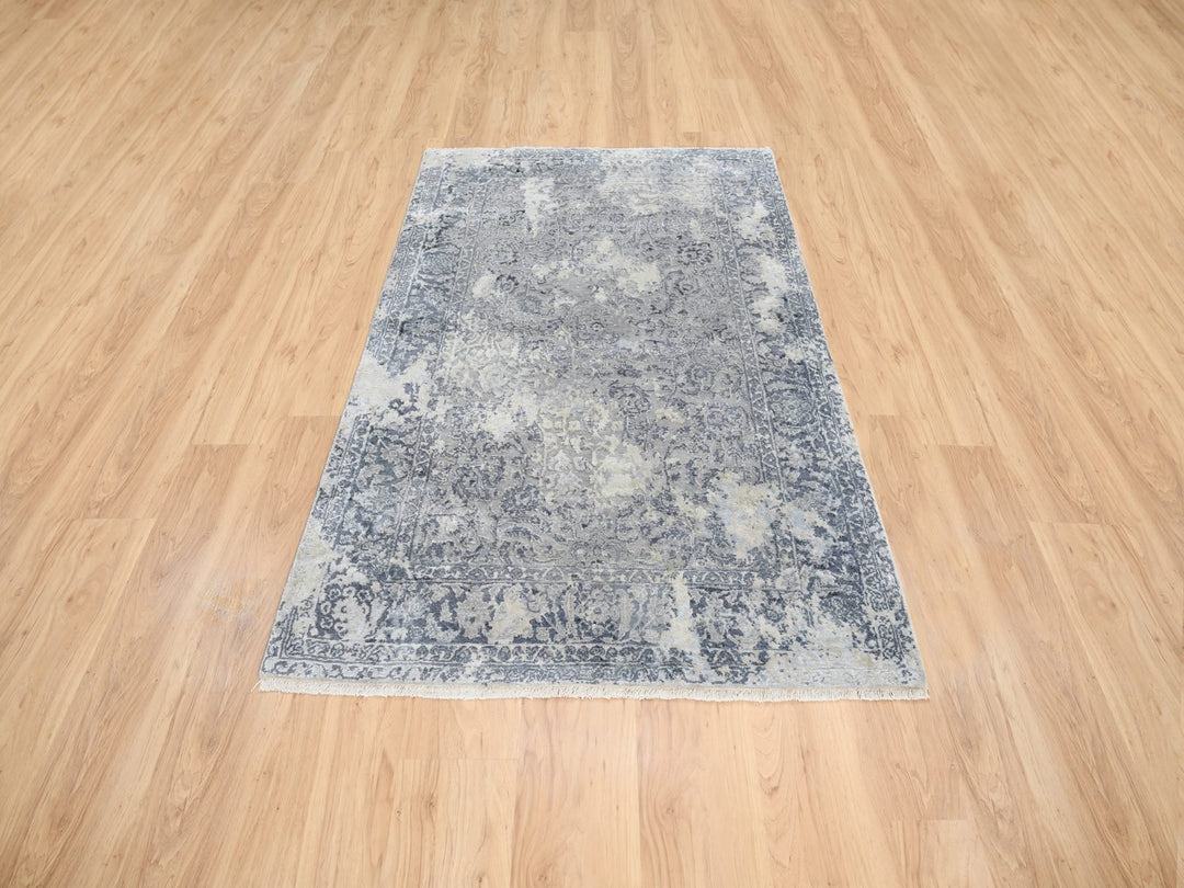 3'10" x 6'0" New Hand Knotted Grey Wool & Silk Rectangle Oriental Rug - MOA10263483