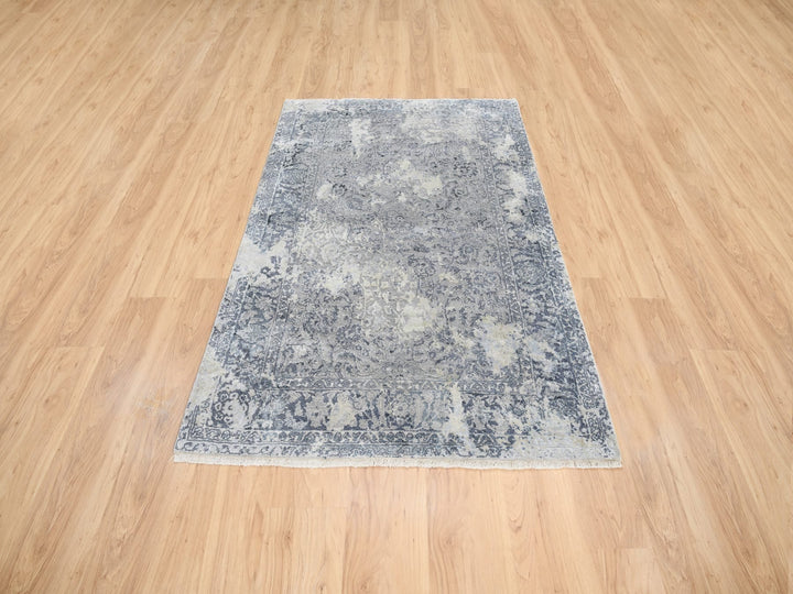 3'10" x 6'0" New Hand Knotted Grey Wool & Silk Rectangle Oriental Rug - MOA10263483