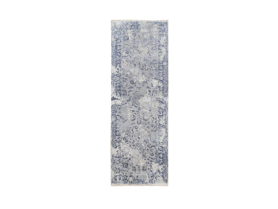2'8" x 7'8" New Hand Knotted Grey Wool & Silk Runner Oriental Rug - MOA10263496