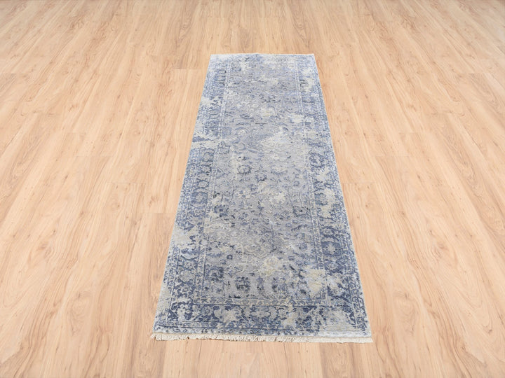2'8" x 7'8" New Hand Knotted Grey Wool & Silk Runner Oriental Rug - MOA10263496