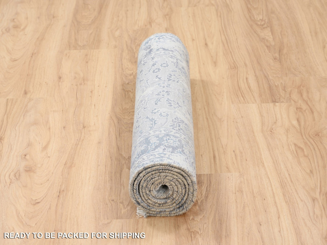 2'8" x 7'8" New Hand Knotted Grey Wool & Silk Runner Oriental Rug - MOA10263496