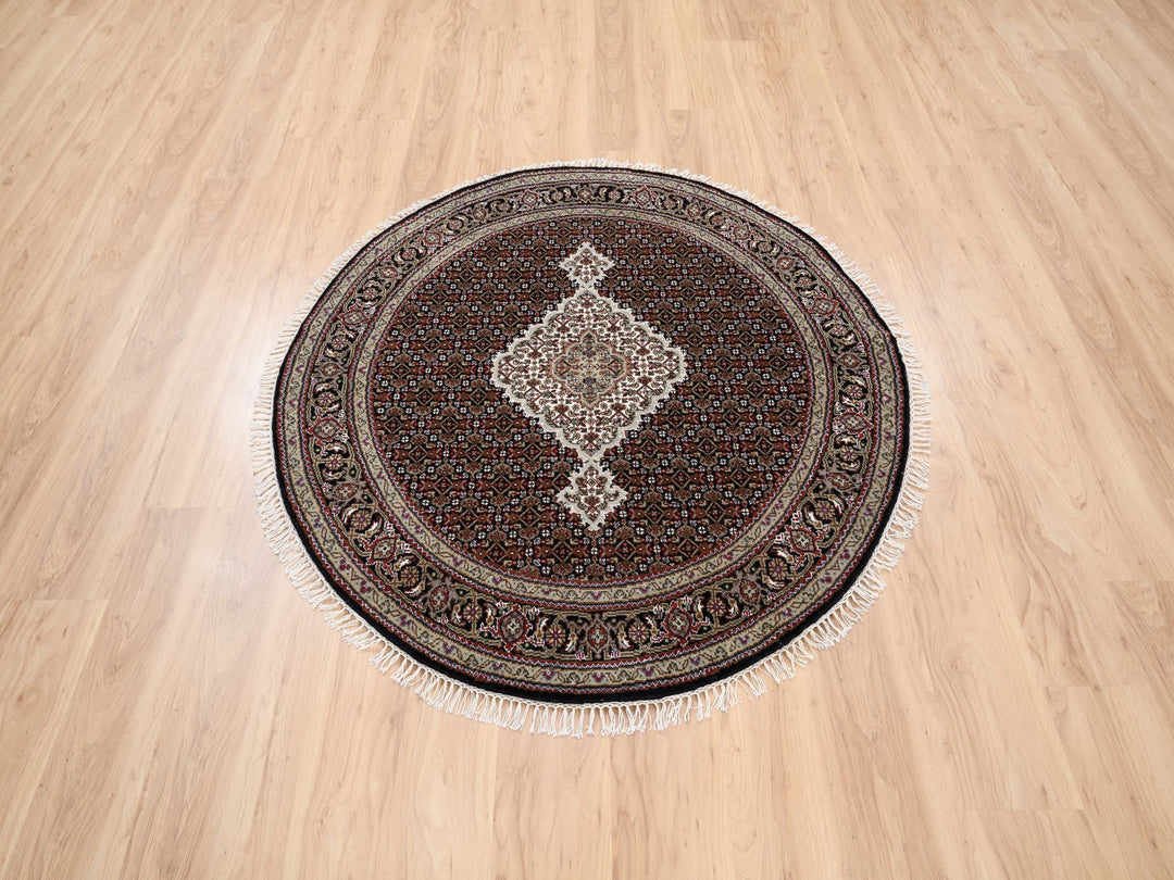 5'0" x 5'0" New Hand Knotted Black Wool Round Oriental Rug - MOA10263543