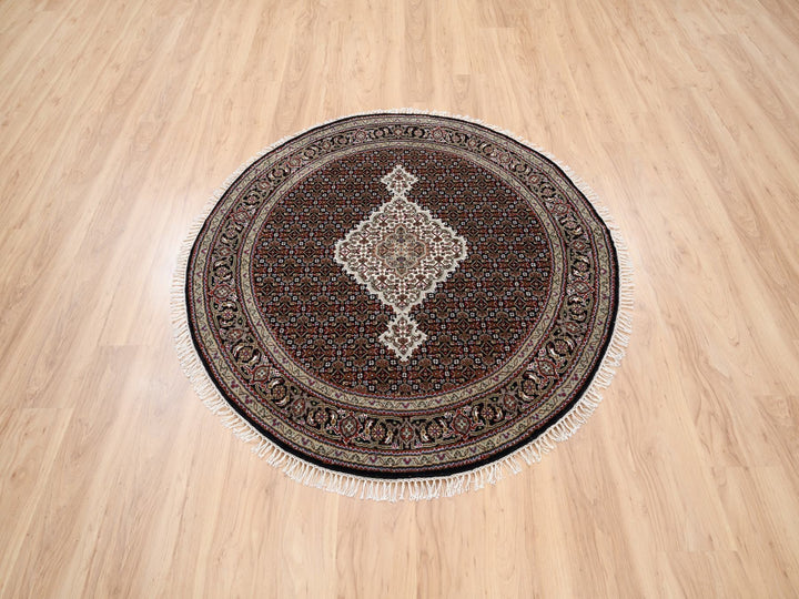 5'0" x 5'0" New Hand Knotted Black Wool Round Oriental Rug - MOA10263543