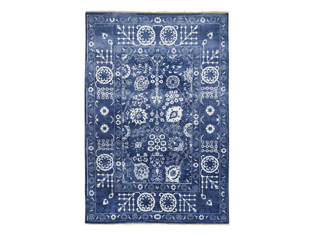 6'0" x 8'10" New Hand Knotted Blue Wool & Silk Rectangle Oriental Rug - MOA10263603