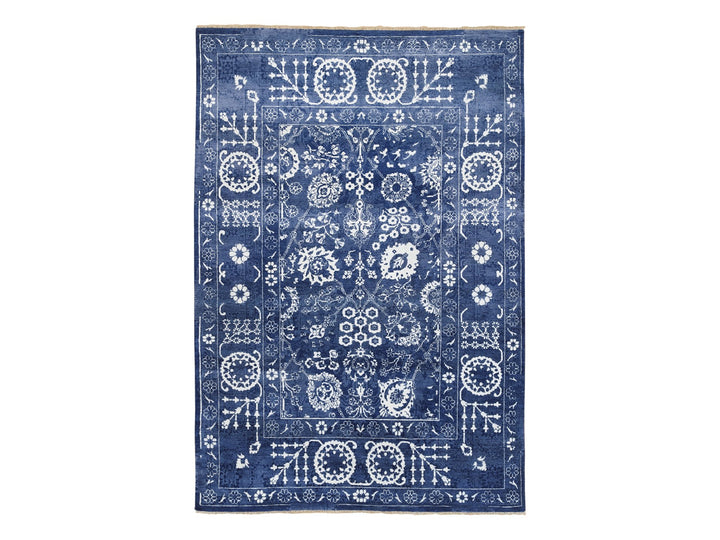 6'0" x 8'10" New Hand Knotted Blue Wool & Silk Rectangle Oriental Rug - MOA10263603