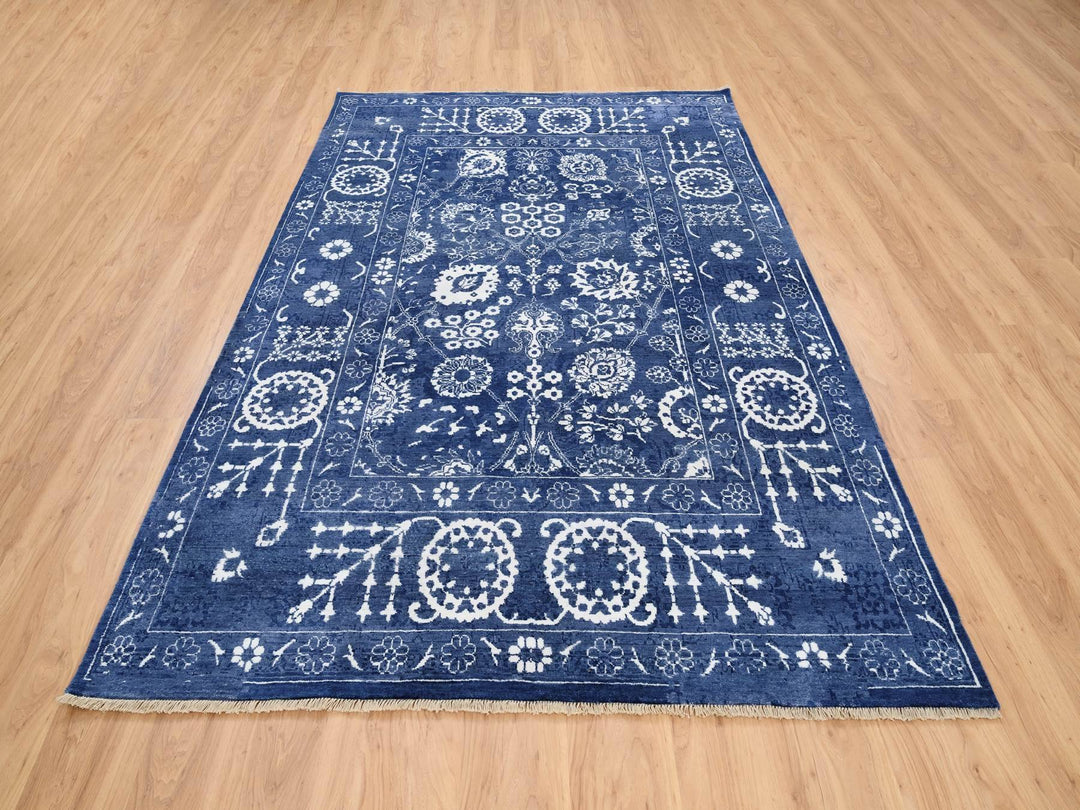 6'0" x 8'10" New Hand Knotted Blue Wool & Silk Rectangle Oriental Rug - MOA10263603