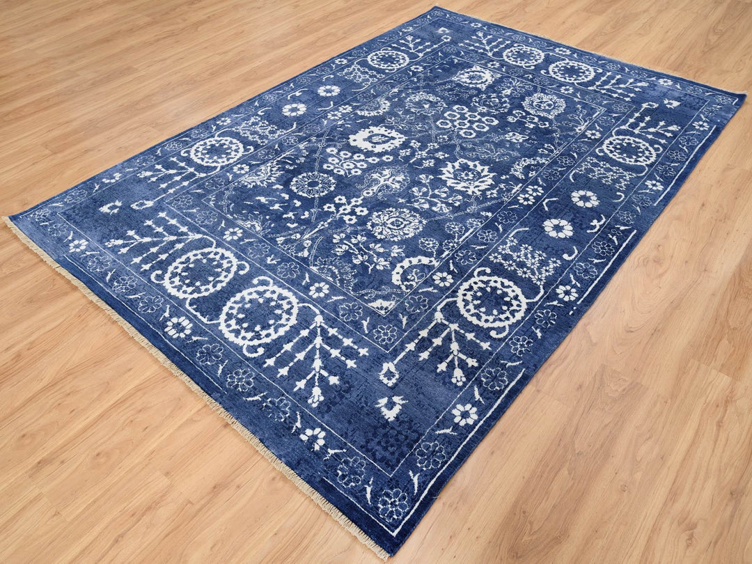 6'0" x 8'10" New Hand Knotted Blue Wool & Silk Rectangle Oriental Rug - MOA10263603