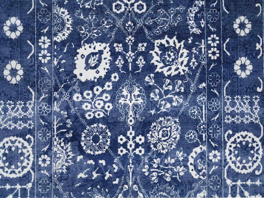 6'0" x 8'10" New Hand Knotted Blue Wool & Silk Rectangle Oriental Rug - MOA10263603