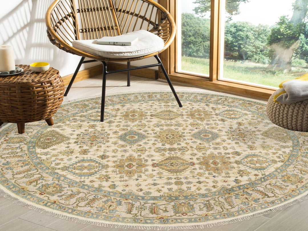 8'10" x 8'10" New Hand Knotted Ivory Wool Round Oriental Rug - MOA10263631