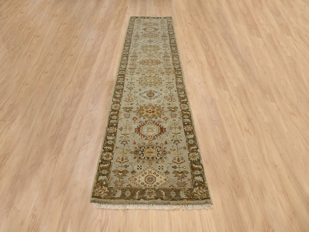 2'7" x 12'1" New Hand Knotted Grey Wool Runner Oriental Rug - MOA10263634