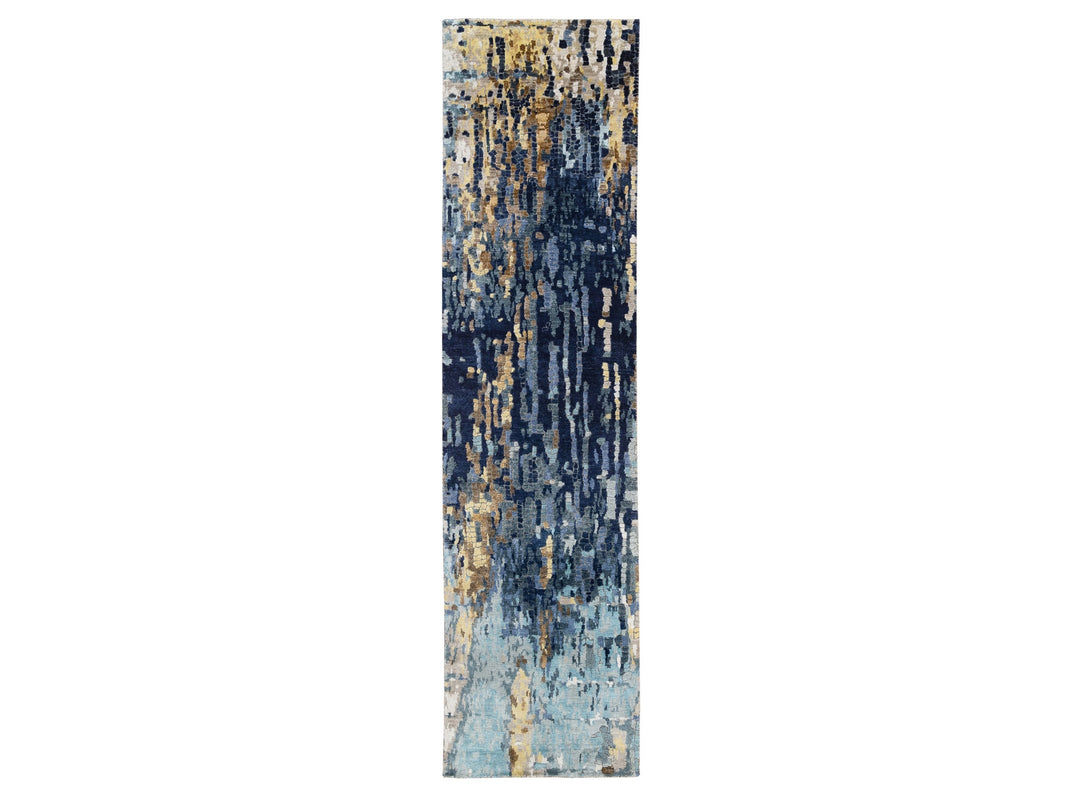 2'6" x 10'0" New Hand Knotted Blue Wool & Silk Runner Oriental Rug - MOA10263666
