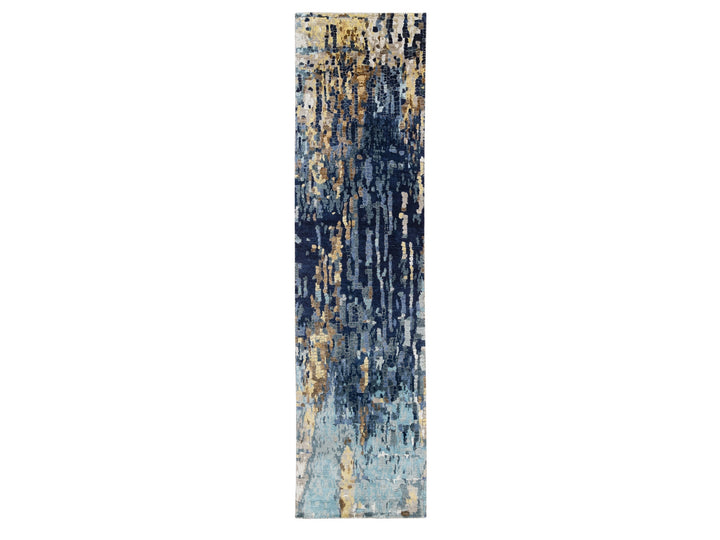 2'6" x 10'0" New Hand Knotted Blue Wool & Silk Runner Oriental Rug - MOA10263666