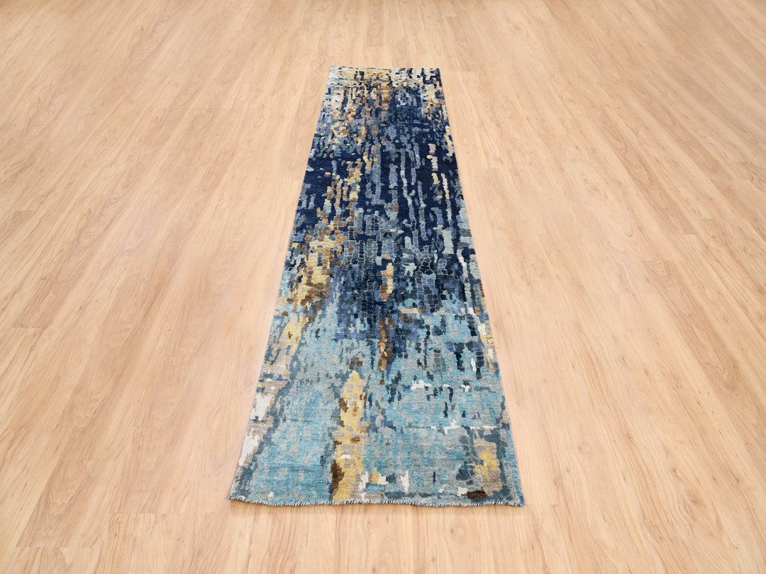 2'6" x 10'0" New Hand Knotted Blue Wool & Silk Runner Oriental Rug - MOA10263666