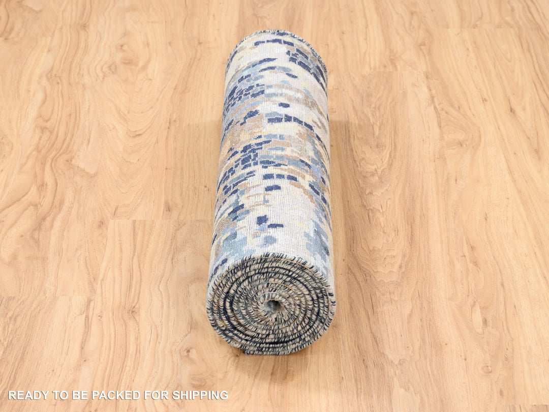 2'6" x 10'0" New Hand Knotted Blue Wool & Silk Runner Oriental Rug - MOA10263666