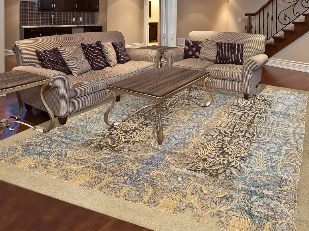 8'0" x 9'10" New Hand Knotted Brown Wool & Silk Rectangle Oriental Rug - MOA10263678