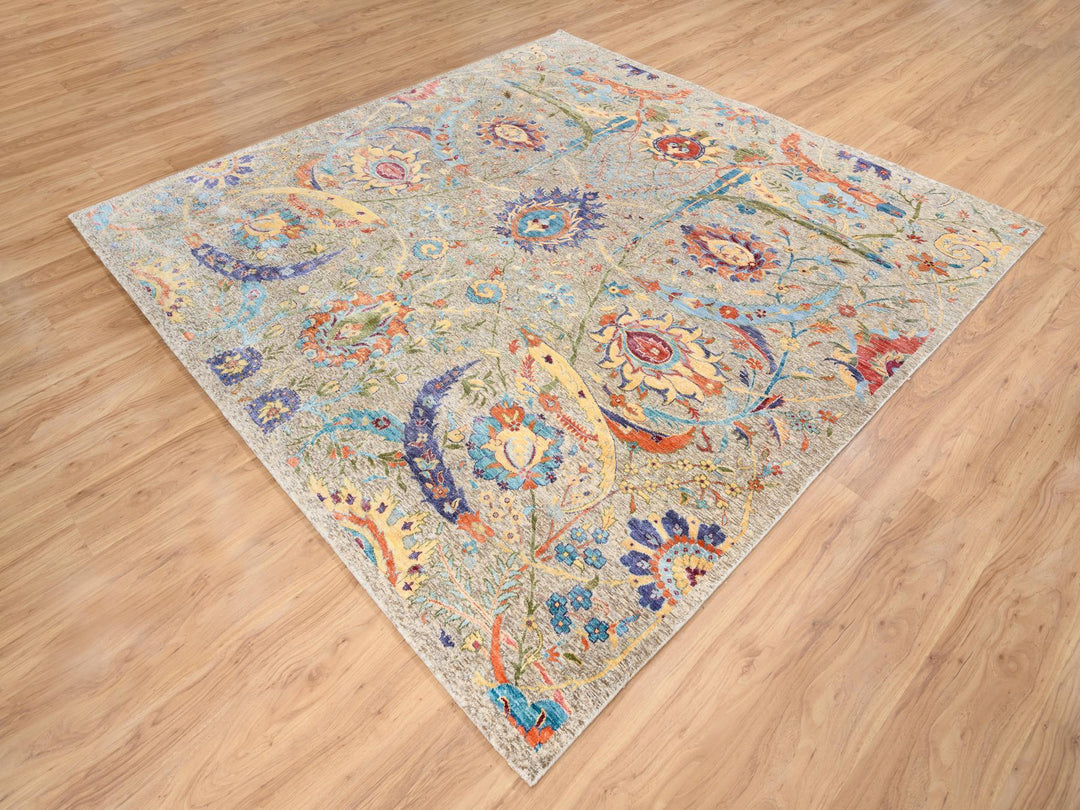 8'0" x 8'0" New Hand Knotted Ivory Wool & Silk Square Oriental Rug - MOA10263683