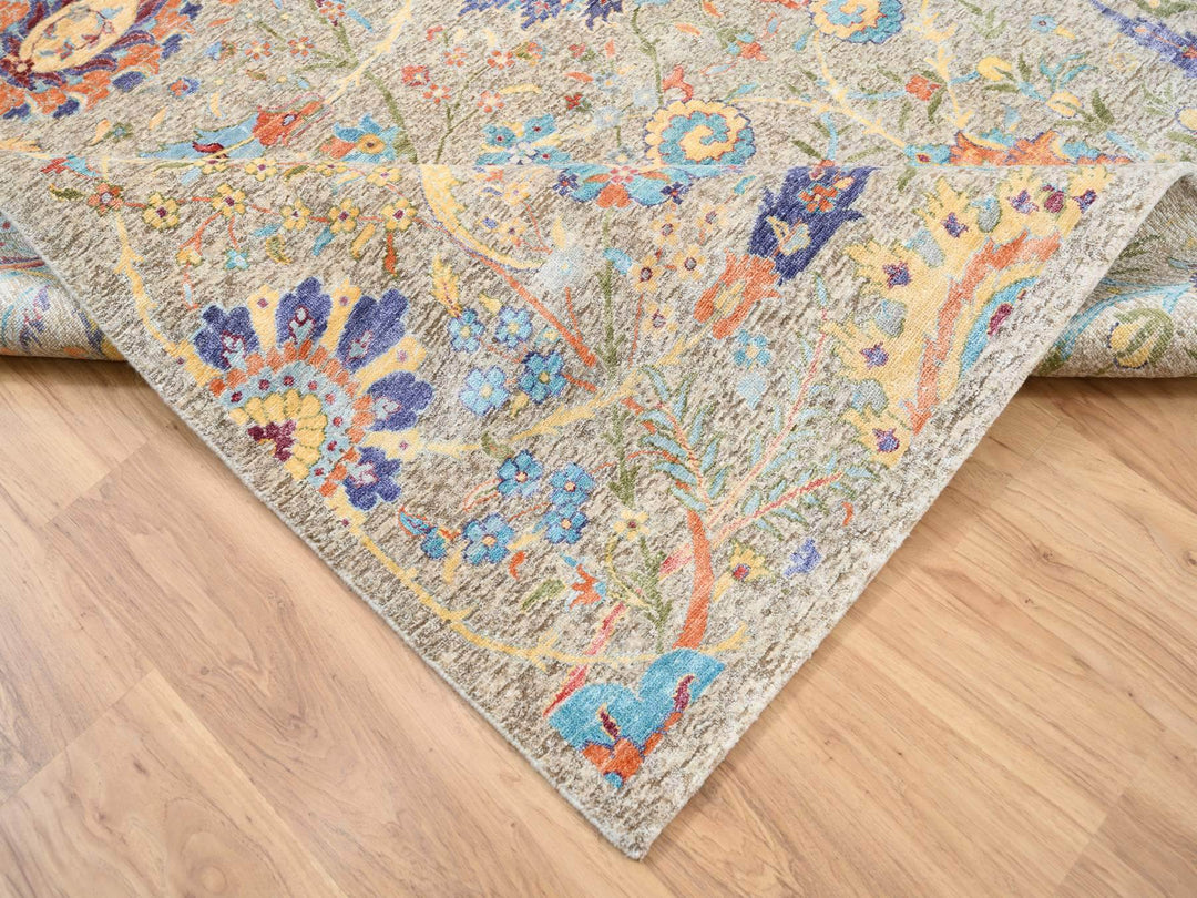 8'0" x 8'0" New Hand Knotted Ivory Wool & Silk Square Oriental Rug - MOA10263683