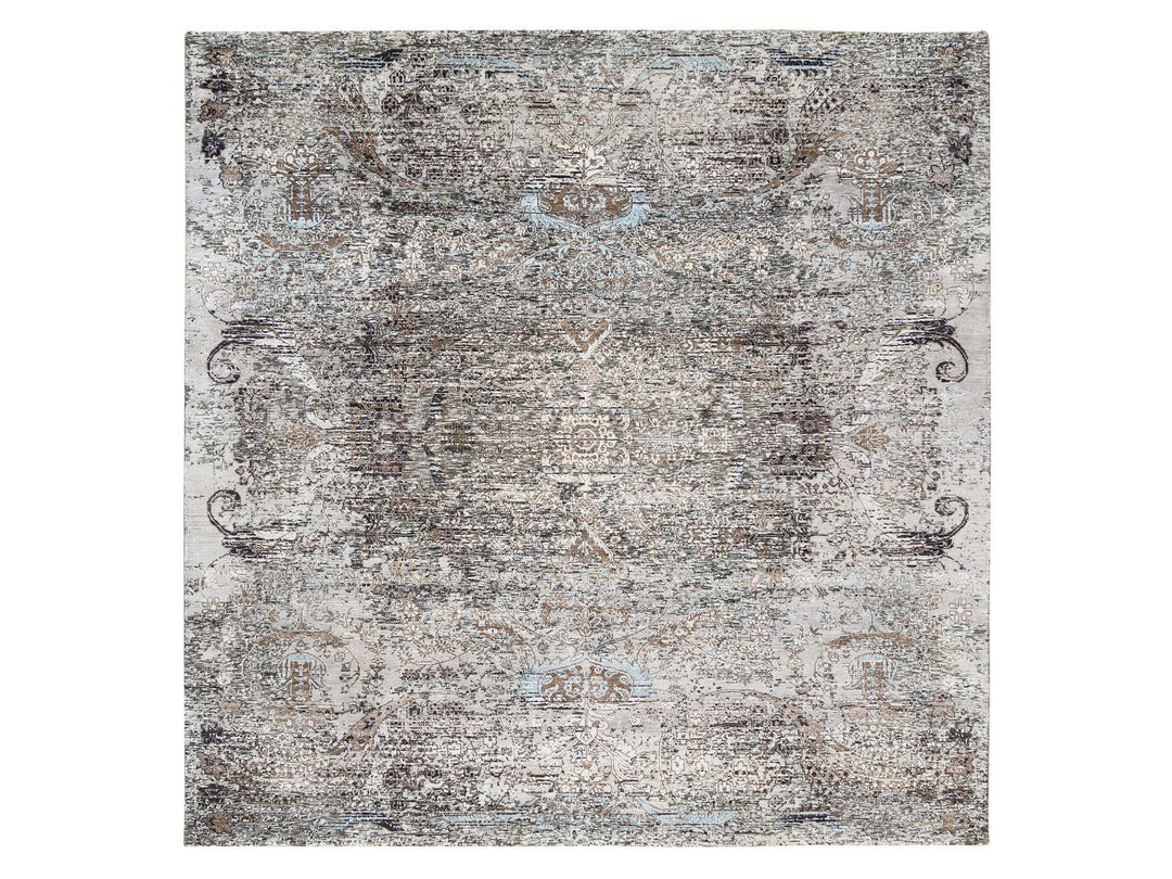 8'0" x 8'1" New Hand Knotted Grey Wool & Silk Square Oriental Rug - MOA10263684