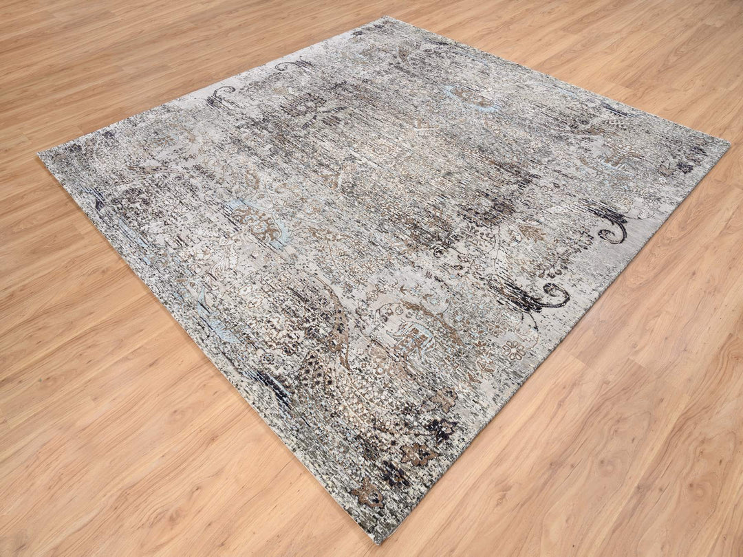 8'0" x 8'1" New Hand Knotted Grey Wool & Silk Square Oriental Rug - MOA10263684