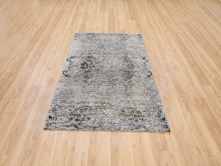 4'1" x 6'0" New Hand Knotted Grey Wool & Silk Rectangle Oriental Rug - MOA10263694