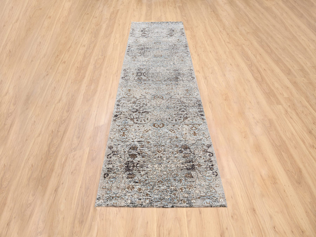 2'6" x 10'0" New Hand Knotted Grey Wool & Silk Runner Oriental Rug - MOA10263707