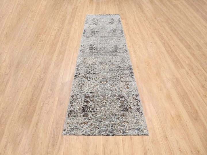 2'6" x 10'0" New Hand Knotted Grey Wool & Silk Runner Oriental Rug - MOA10263707