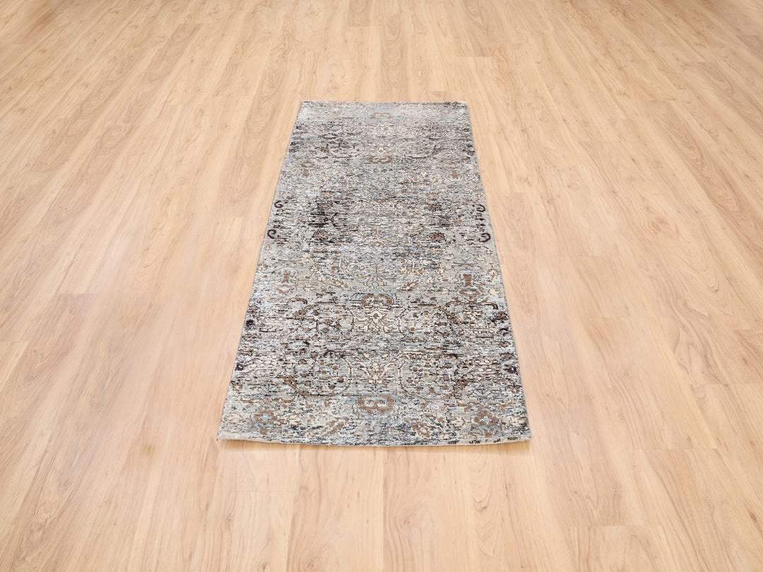 2'6" x 6'0" New Hand Knotted Grey Wool & Silk Runner Oriental Rug - MOA10263711