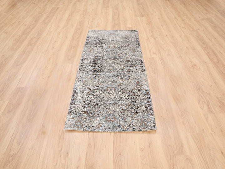 2'6" x 6'0" New Hand Knotted Grey Wool & Silk Runner Oriental Rug - MOA10263711