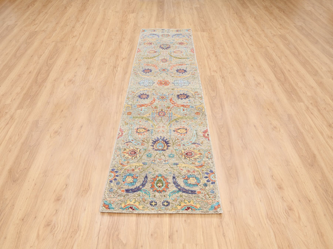 2'5" x 10'1" New Hand Knotted Beige Wool & Silk Runner Oriental Rug - MOA10263717